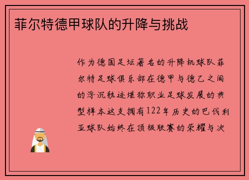 菲尔特德甲球队的升降与挑战